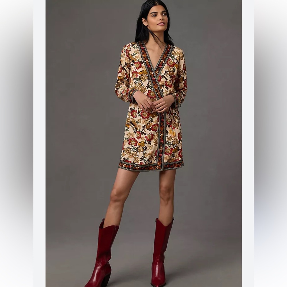 Farm Rio Long Sleeve Printed Wrap Mini Dress